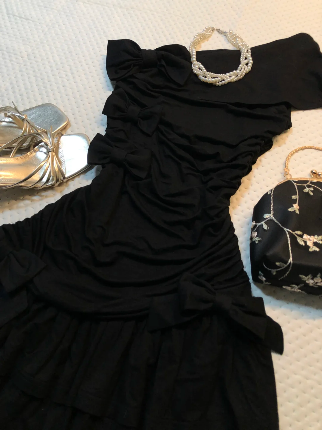 Black One Shoulder Short Homecoming Dress Ruffle Hem 3D Bow Ruched Bodycon Vintage Cocktail Gown  NV6912