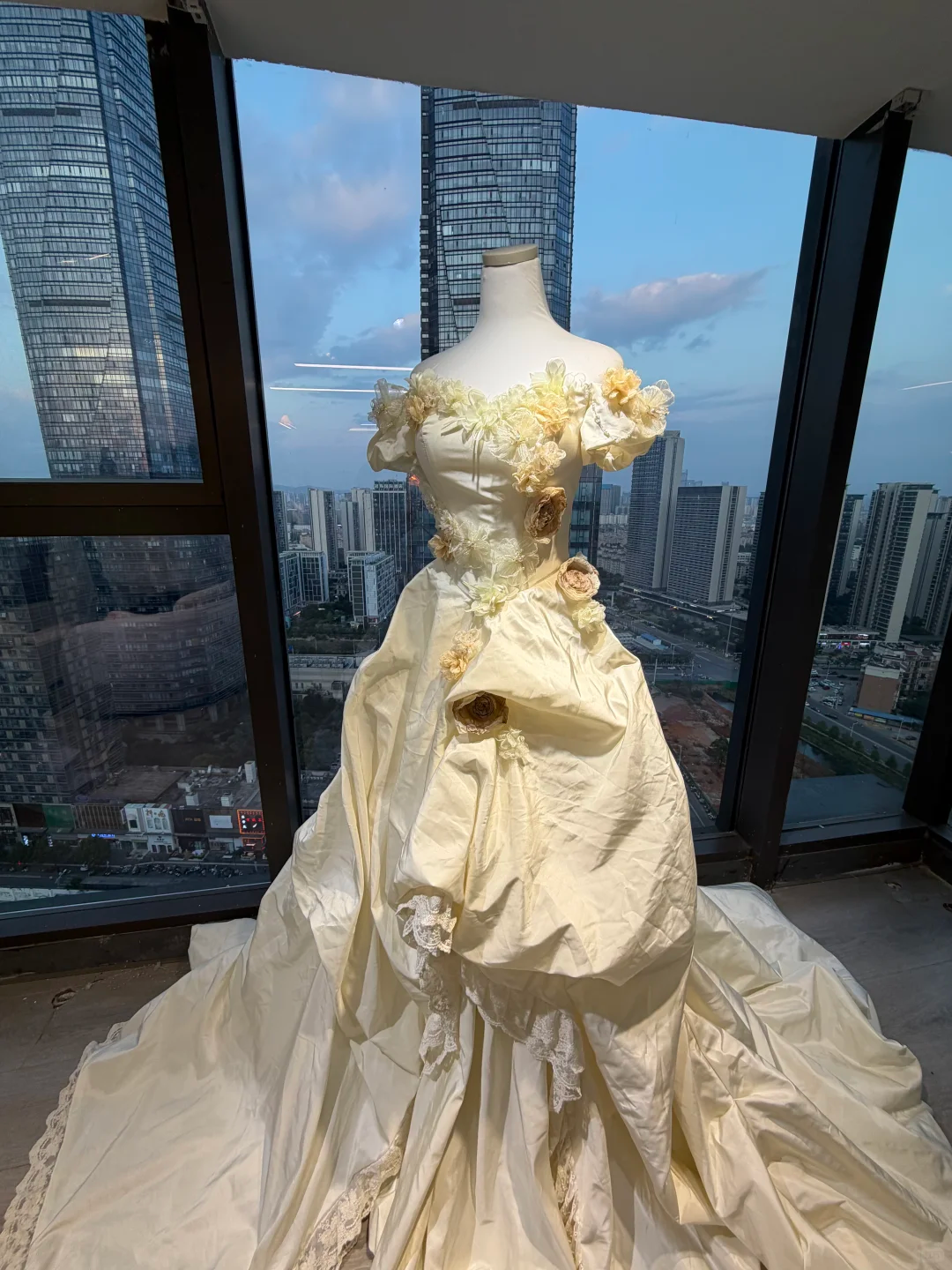 Off Shoulder Cream Yellow Victorian Wedding Dress Puff Sleeve 3D Flowers Ruffled Satin Lace Long Train Ball Gown  NV6978
