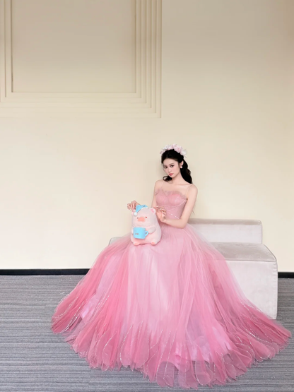 Spaghetti Strap Pink Ombre Glitter Petal Princess Ball Gown Prom Dress  NV7421