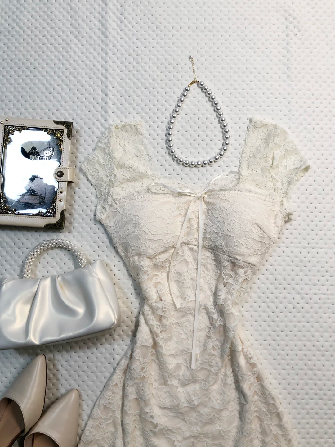 Ivory Lace Short Homecoming Dress Square Neck Flutter Sleeve Bow Tie Vintage Cocktail Gown  NV6931