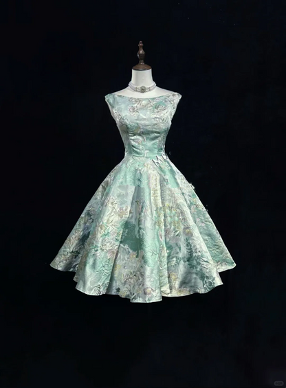 Off Shoulder Mint Green Vintage Prom Dress Floral Jacquard Satin Fit and Flare Tea Length Formal Gown  NV6906
