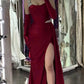 Burgundy elegant sequin mermaid side slit satin long floor length train ball gown evening dress party dress nv2416