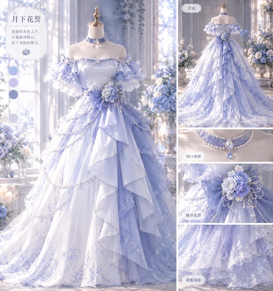 Ombre Blue Off Shoulder Ruffle Lolita Prom Dress, Floral Print Tulle Ball Gown with Pearl Choker  NV7451