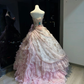 Pink Ombre Spaghetti Straps Ball Gown Gold Glitter Floral 3D Rose Tiered Ruffle Tulle Fairy Prom Dress  NV6939