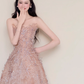 Nude Pink Strapless Spark Rhinestone Floral Midi Gown  NV7431