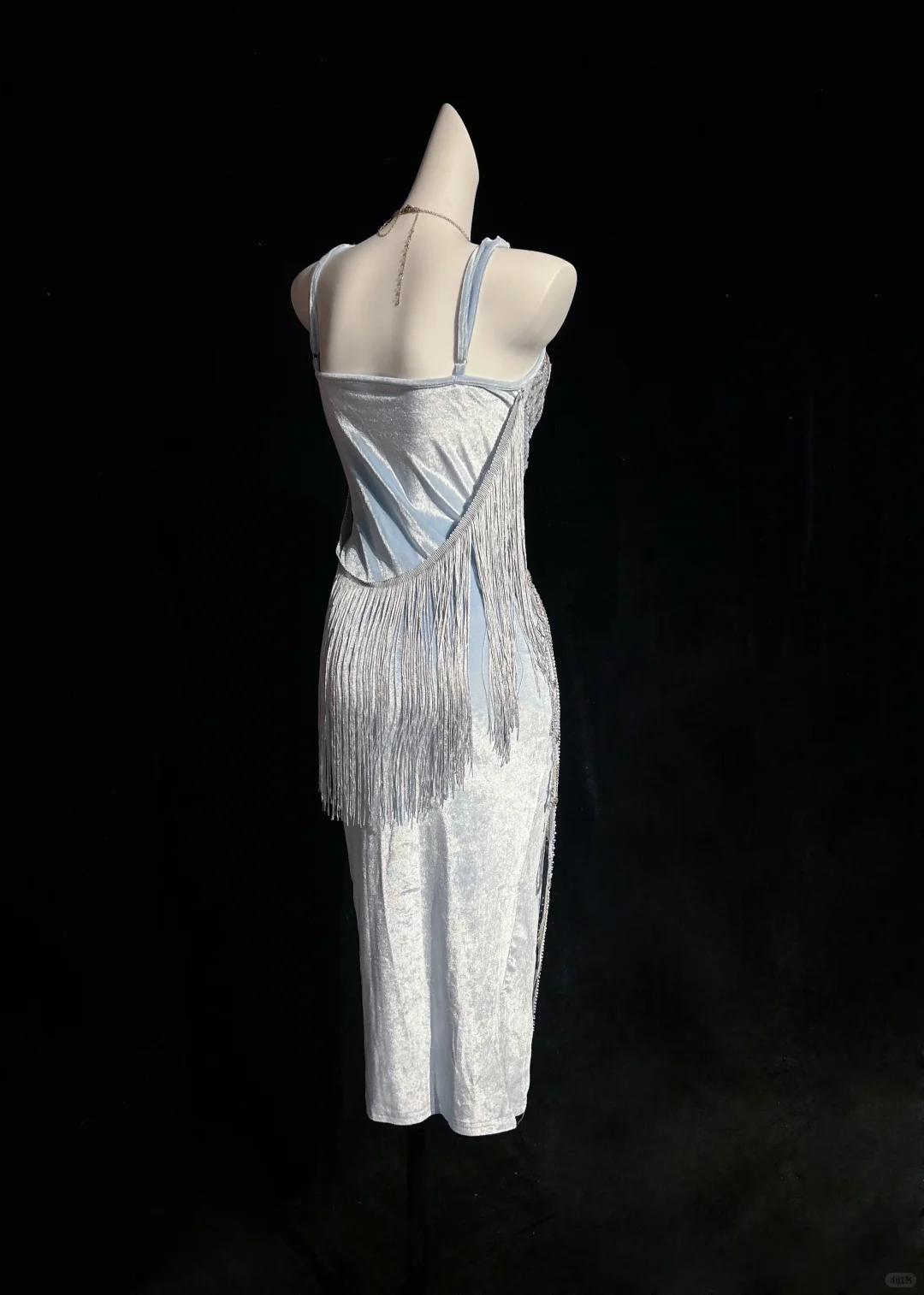 1920s Gatsby Style Ice Blue Spaghetti Straps Midi Formal Dress Heavy Hand Beading Geometric Scale Pattern With Side Ribbons  NV6889