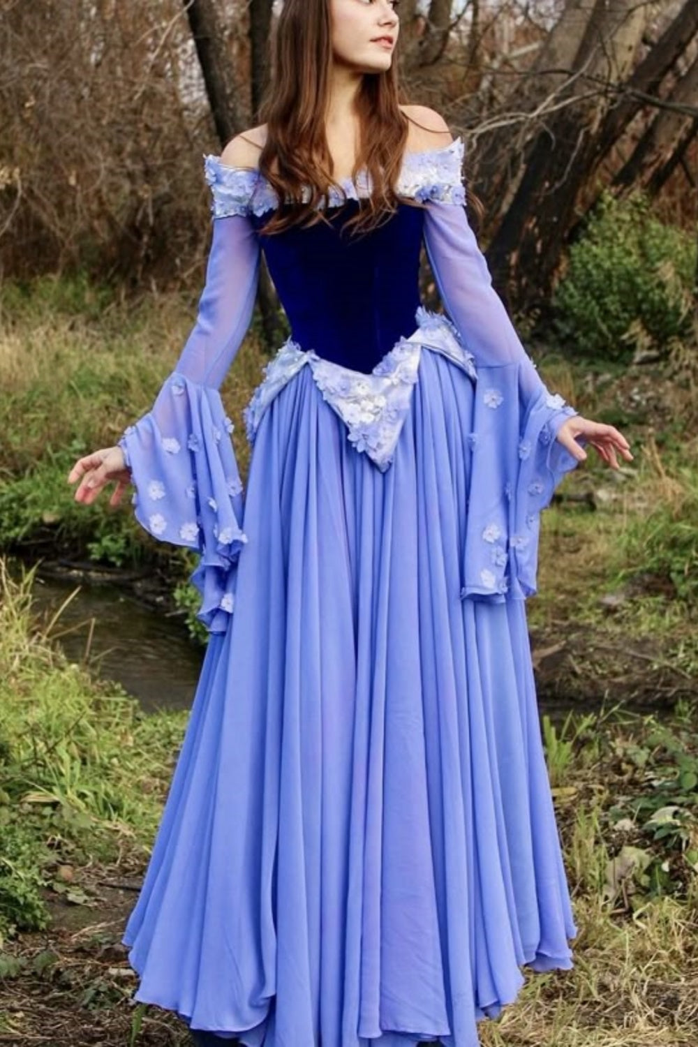 NiceVestidos-_Pink/Blue Long-Sleeved Velvet Tulle Long Dress NV6005