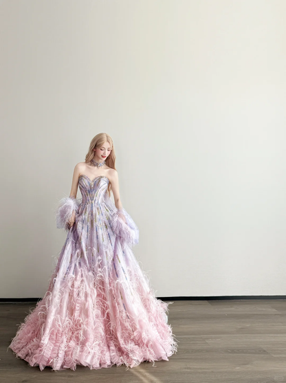 Ombre Pink Purple Feather Prom Gown Strapless Sweetheart Rhinestone Formal Dress  NV7164