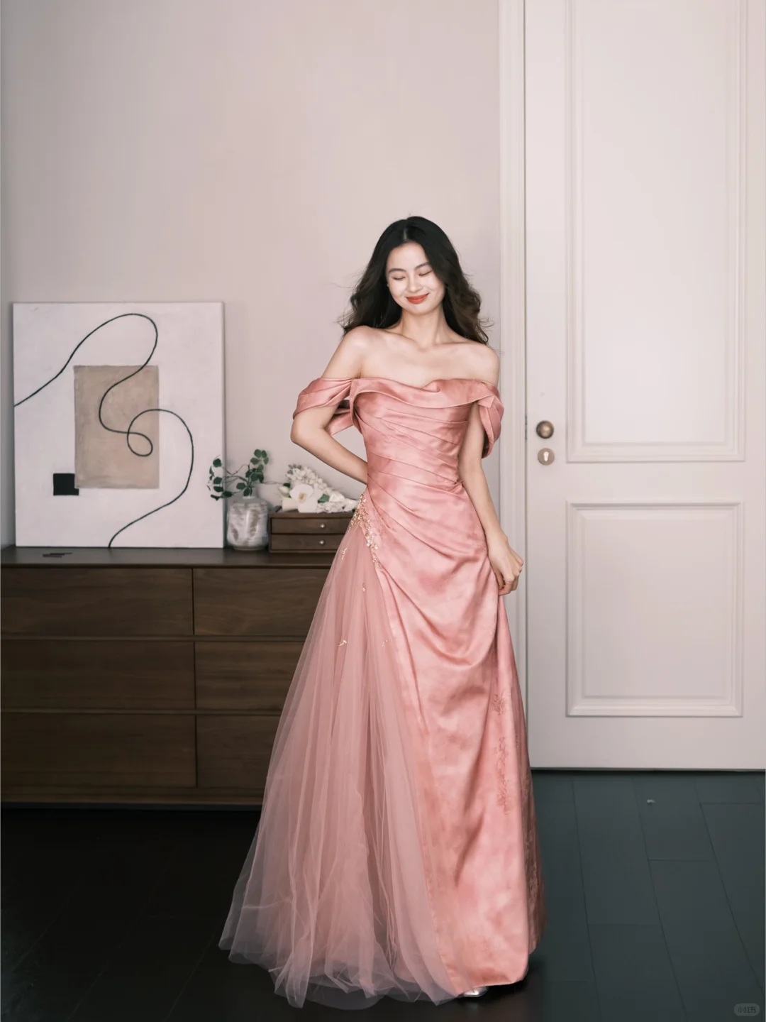 Off Shoulder Dusty Pink Satin Tulle Formal Prom Gown  NV7302