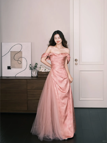 Off Shoulder Dusty Pink Satin Tulle Formal Prom Gown  NV7302