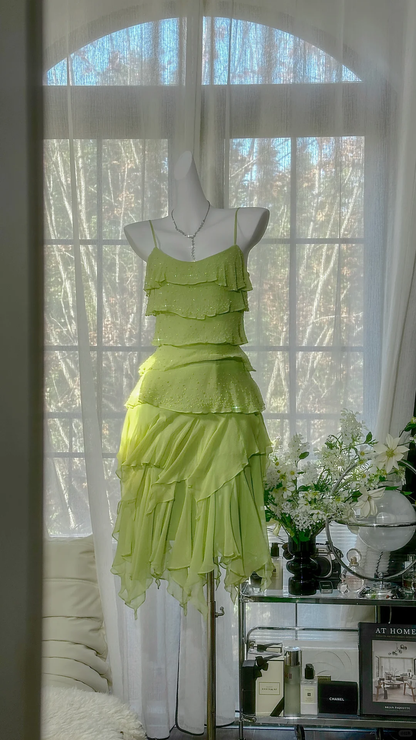 Light Green Spaghetti Straps Tiered Chiffon Short Formal Dress With Sparkle Beads Irregular Flowy Skirt  NV6887