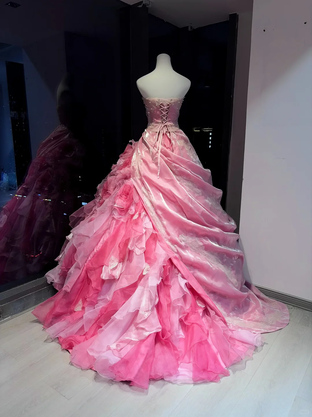 Hot Pink Ombre Strapless Ball Gown Beaded Lace 3D Rose Ruffle Tulle Prom Dress  NV6951