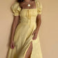 Yellow Elegant Long Puff Sleeve Slit Prom Dress Birthday Dress Evening Dress Wedding Guest Dress nv1710