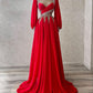 Robe de soirée NiceVestidos - Rouge, délicatement perlée, manches longues, en satin NV6139