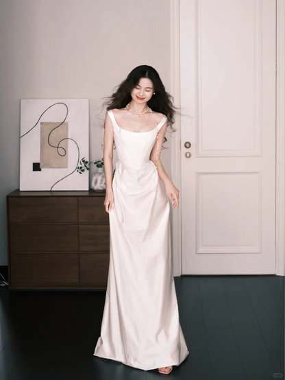 Square Neck Wide Strap Satin Bridal Gown, Minimalist A Line Wedding Dress  NV7266