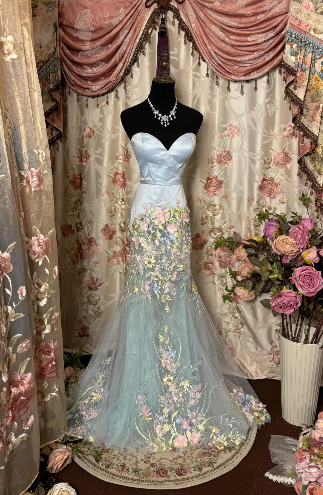 Blue Sweet Elegant Delicate Floral Beaded Long Tulle Mermaid Slim Fit Floor Length Trailing Ball Gown Evening Gown Party Dress nv4131