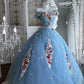 Robe de bal de princesse sans bretelles, motif floral 3D bleu clair, inspirée du jardin de Cendrillon (NV6844)