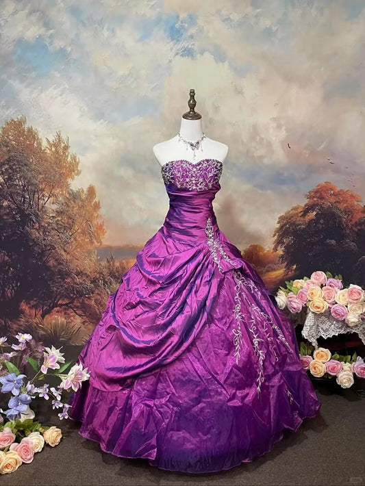 Purple exquisite beaded satin floor-length vintage long ball gown nv5154