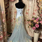 Blue Sweet Elegant Delicate Floral Beaded Long Tulle Mermaid Slim Fit Floor Length Trailing Ball Gown Evening Gown Party Dress nv4131