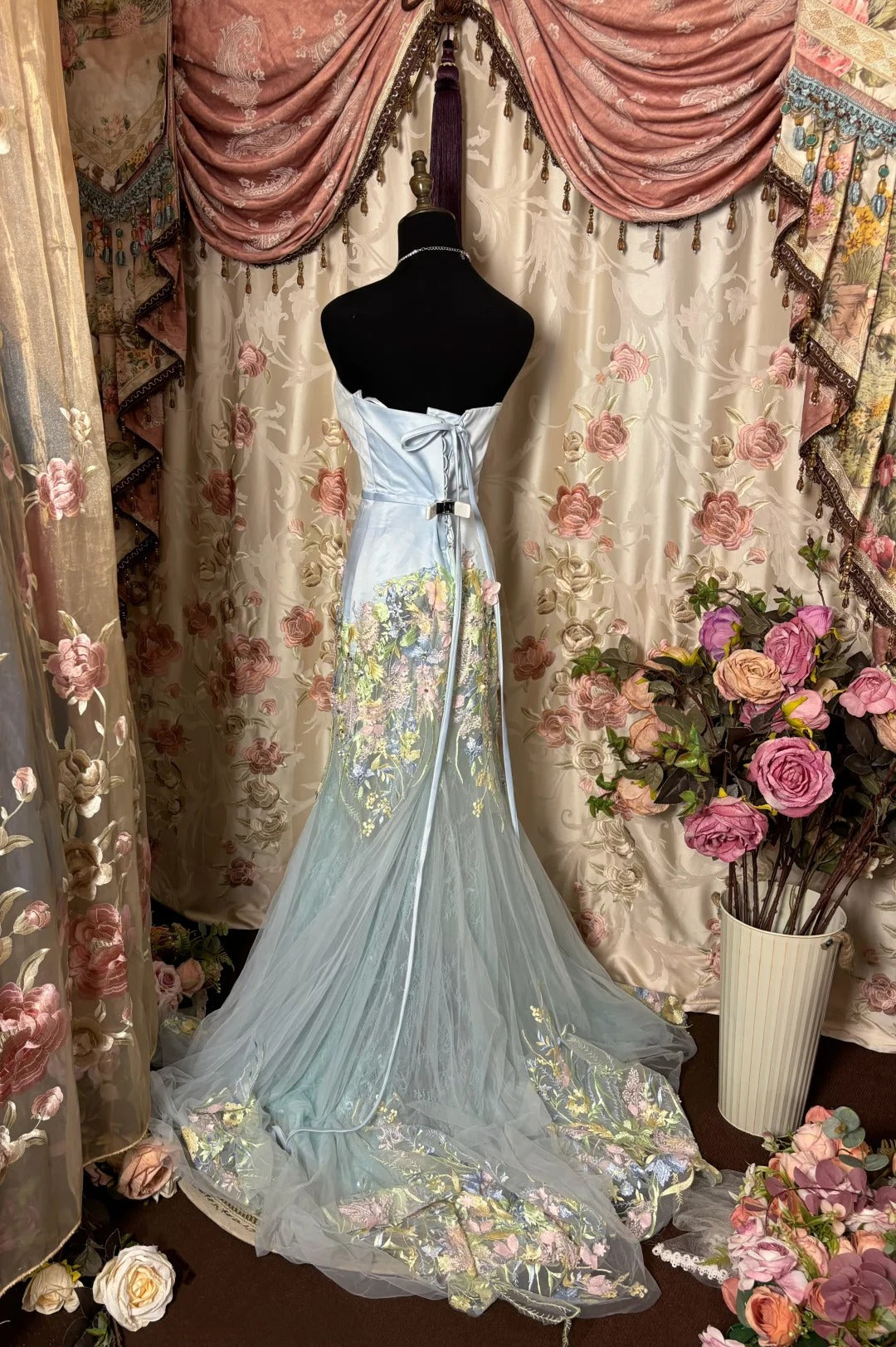 Blue Sweet Elegant Delicate Floral Beaded Long Tulle Mermaid Slim Fit Floor Length Trailing Ball Gown Evening Gown Party Dress nv4131