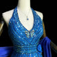 Blue Luxury Gorgeous Shiny Vintage Fashion Floral Exquisite Beaded Sequins Long Mermaid Slim Fit Chiffon Ball Gown Evening Gown nv4061