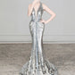 Silver Gorgeous Shiny Long Pretty Mermaid Slim Off Shoulder Sequined Ball Gown Formal Evening Dress Prom Dress nv3855