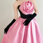 Black Pink Strapless Satin Ball Gown 3D Rose Prom Dress  NV7174