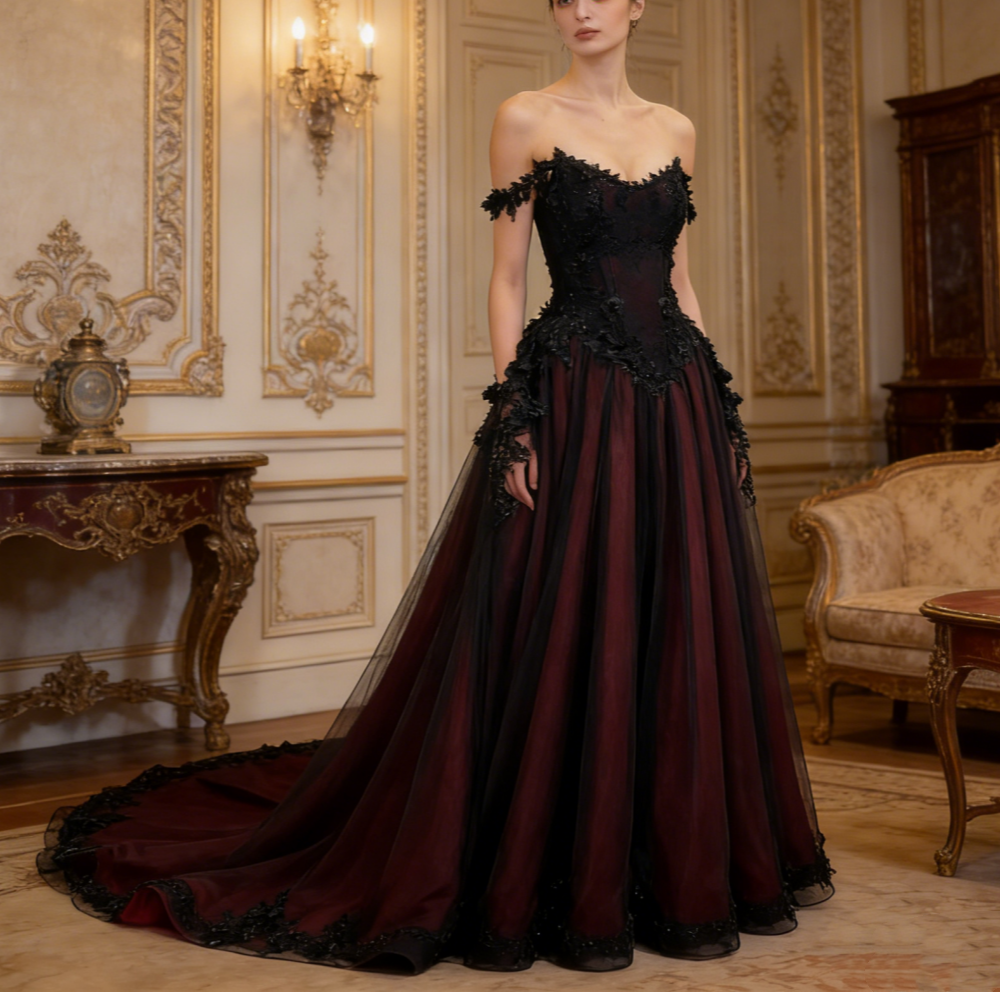 Robe bustier bordeaux en dentelle noire - Robe de bal épaules dénudées pour soirée/bal/tapis rouge NV6803
