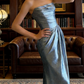 Robe longue sirène bleu argenté à col bénitier et dos nu - Corset noué NV6822