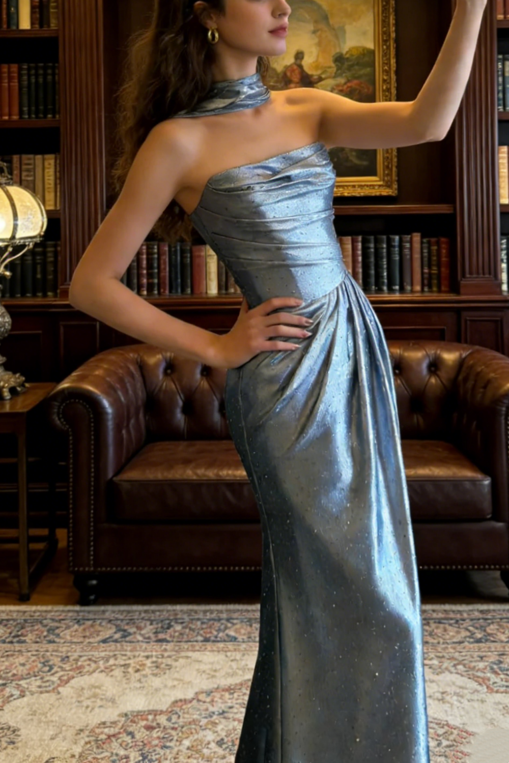 Robe longue sirène bleu argenté à col bénitier et dos nu - Corset noué NV6822