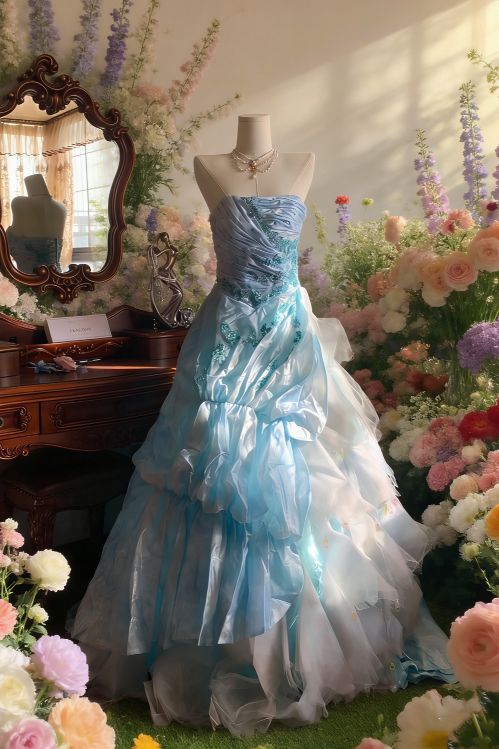 Robe longue bleu clair bustier ornée de perles - Traîne à volants et nœud superposés - Idéale pour une soirée à thème ou un bal de promo NV6818