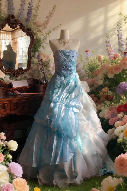 Robe longue bleu clair bustier ornée de perles - Traîne à volants et nœud superposés - Idéale pour une soirée à thème ou un bal de promo NV6818