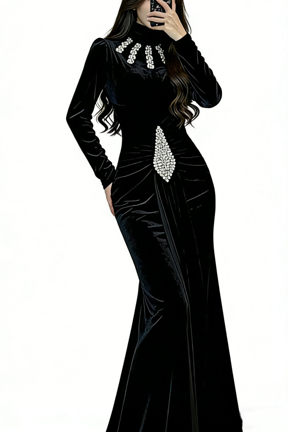 Robe de soirée sirène en velours à col montant et franges de cristal NV6795