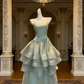Robe de soirée en organza vert menthe scintillant à fines bretelles spaghetti - Robe asymétrique vaporeuse à volants NV6785