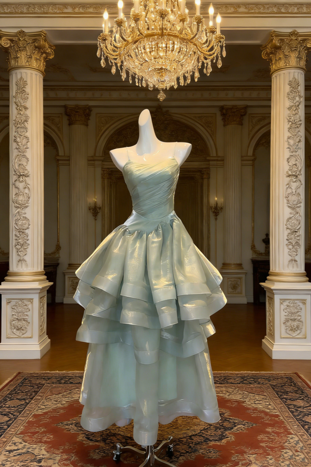 Robe de soirée en organza vert menthe scintillant à fines bretelles spaghetti - Robe asymétrique vaporeuse à volants NV6785