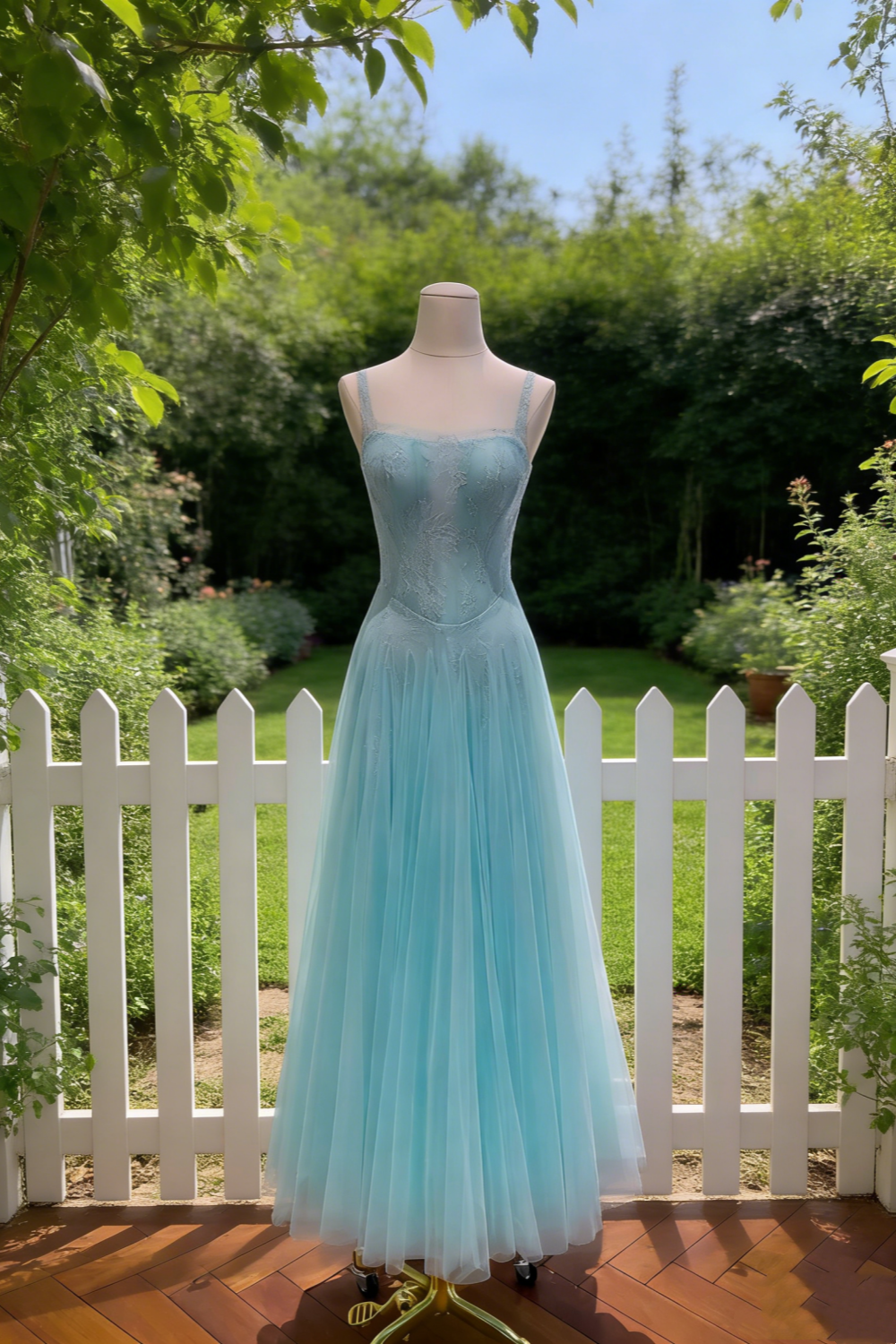Robe bustier en mousseline de soie bleu glacier à fines bretelles scintillantes et dentelle bleu glacier NV6787
