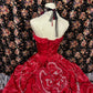 Red floral beaded princess long satin ball gown evening dress quinceanera dress nv4650