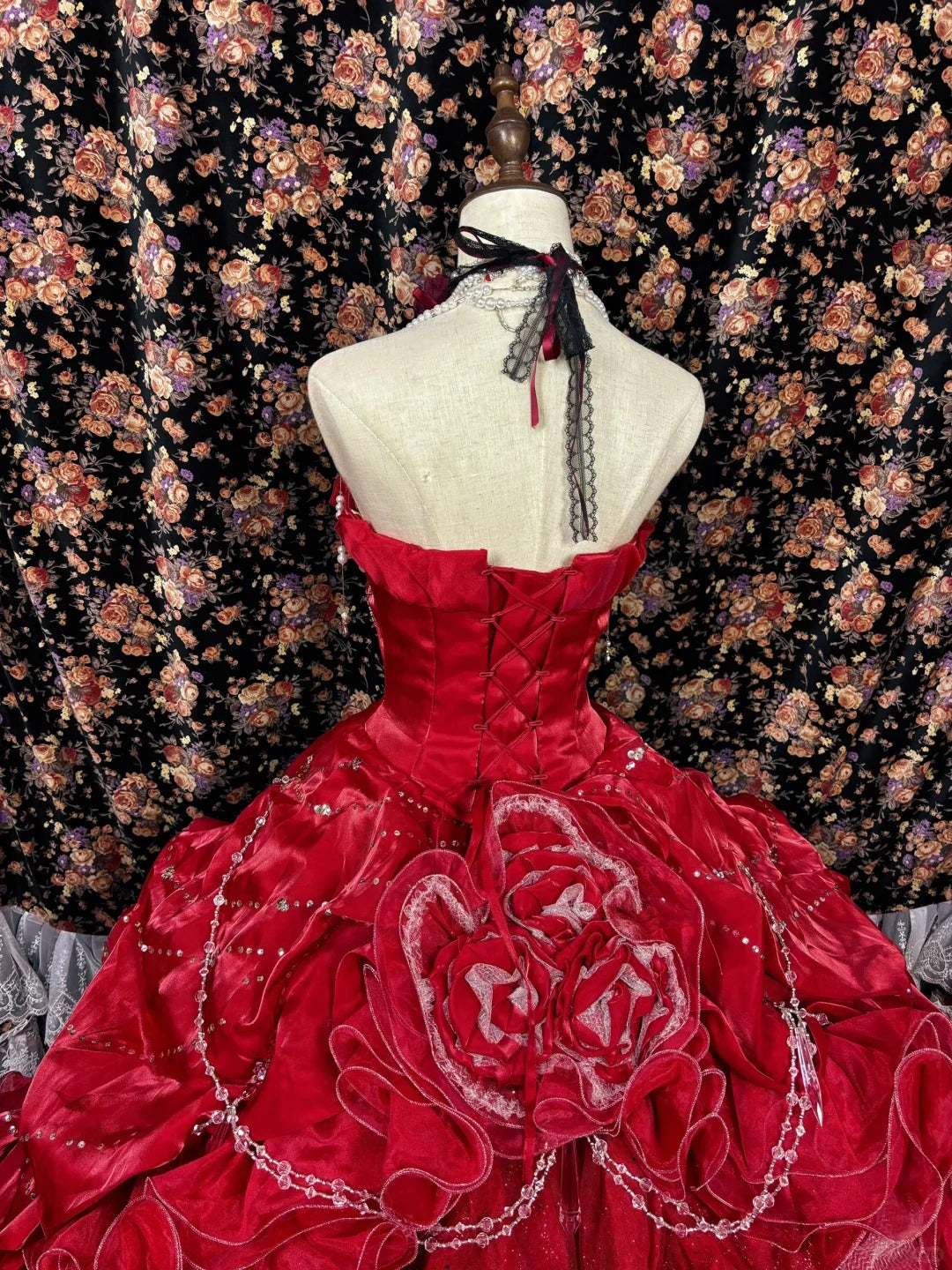 Red floral beaded princess long satin ball gown evening dress quinceanera dress nv4650