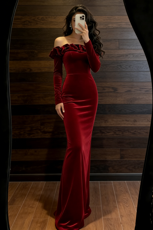 Robe sirène glamour en velours bordeaux à épaules dénudées NV6749
