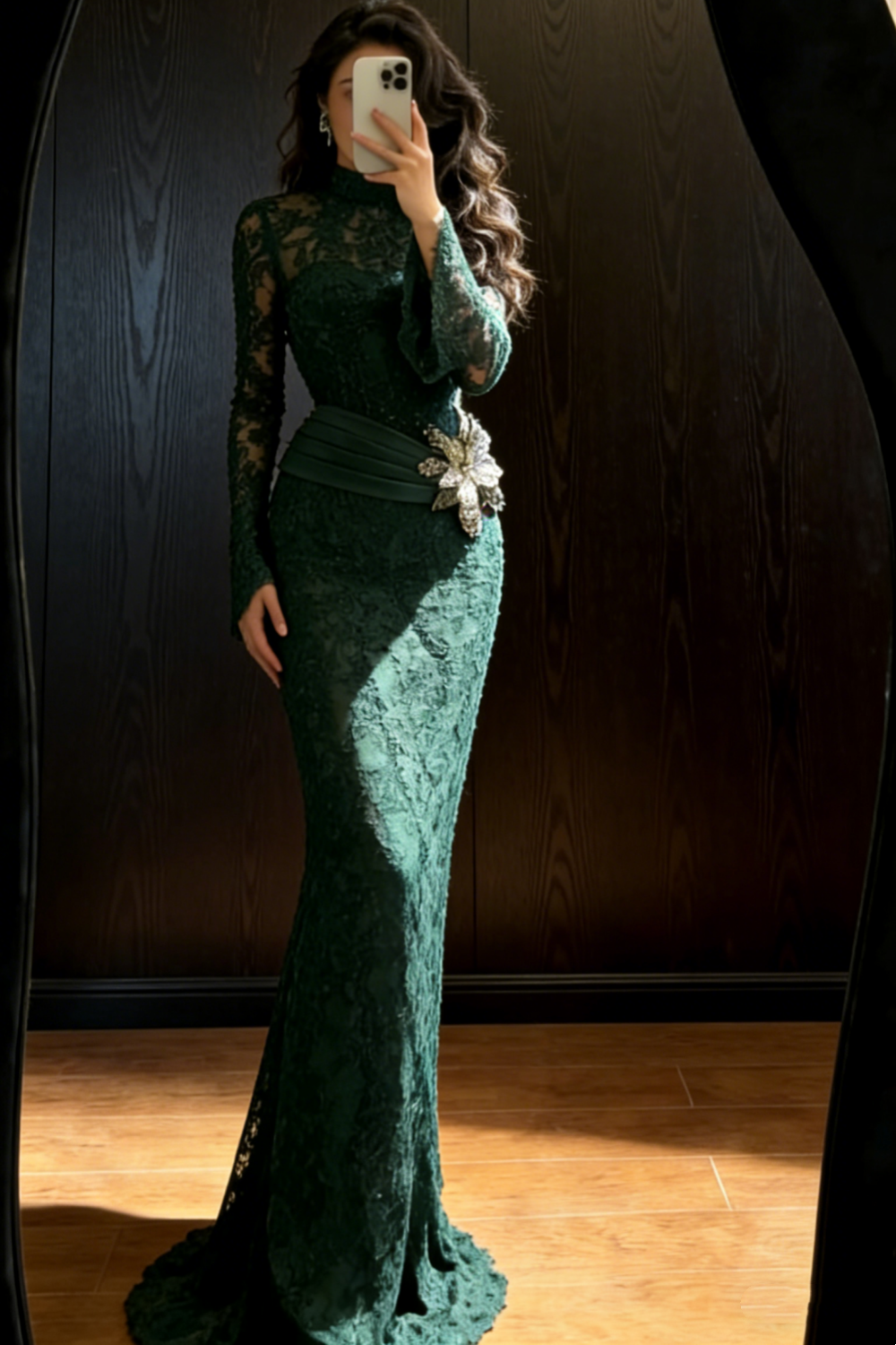 Robe de soirée moulante vintage en dentelle vert foncé à manches longues NV6752