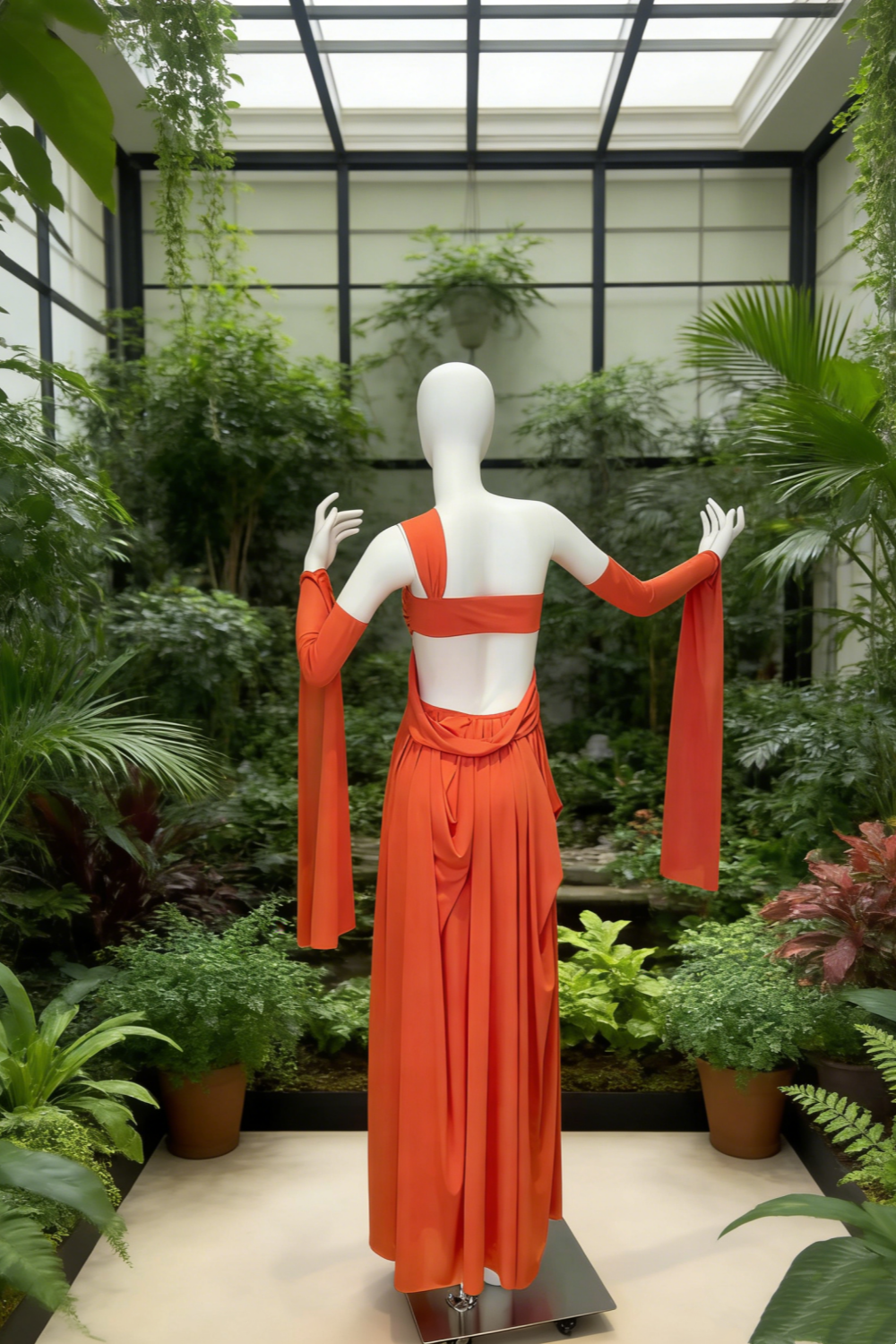 Robe longue asymétrique orange vif mat à nœud torsadé et dos nu - Robe longue drapée de luxe avec ceinture NV6783