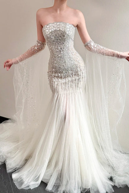 Robe de mariée longue sirène en cristal et coquillage NV6655