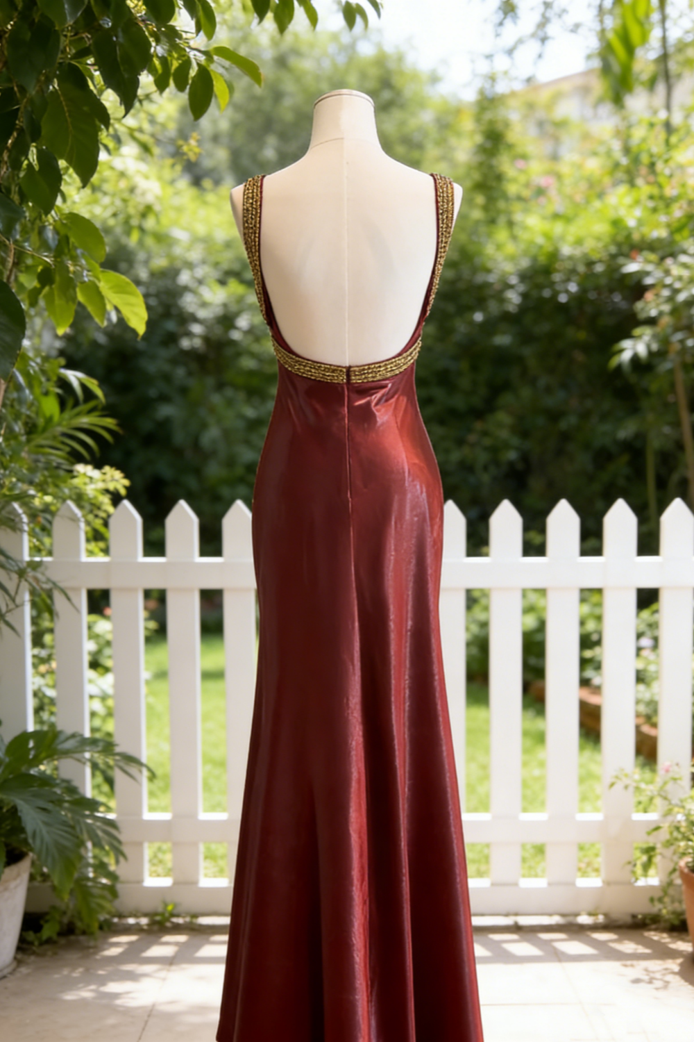 Robe longue sans manches en satin bordeaux à décolleté cœur - Robe sirène vintage de luxe ornée de perles dorées NV6789