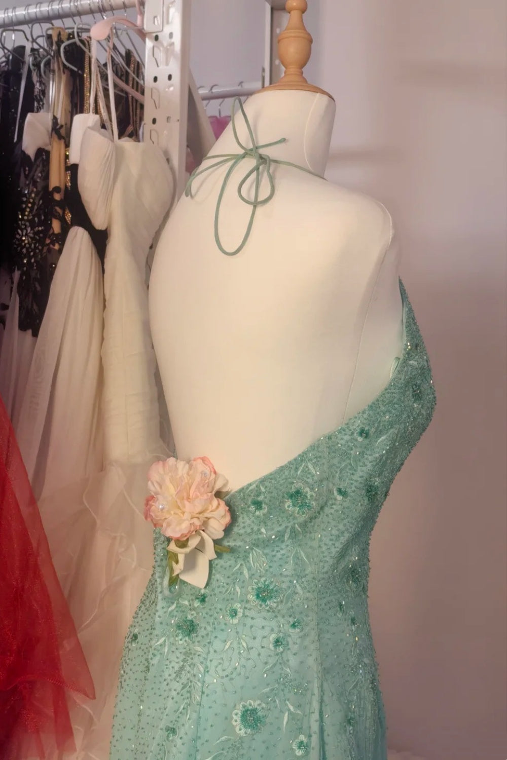 NiceVestidos--Light Moss Green Embroidered Organza Halter - Neck Sleeveless Floor - Length Banquet Dress NV5825