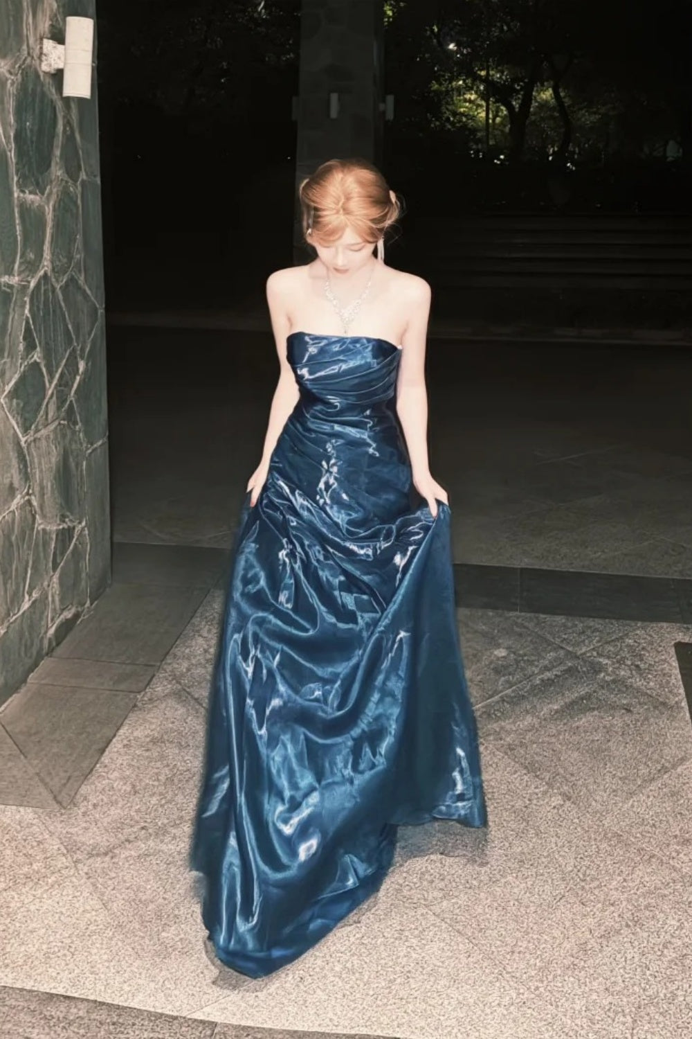 Strapless Liquid Satin Deep Blue Mermaid Gown Back Lace-up Formal Evening Dress  NV6880