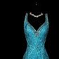 Blue Shiny Fashion Elegant V-neck Floral Long Mermaid Slim Fishtail Skirt Satin Floor Length Train Ball Gown Evening Gown Party Dress Prom Dress nv3862