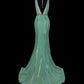 Mint Green Fashion Elegant V-neck Long Mermaid Slim Fishtail Skirt Satin Floor Length Train Ball Gown Evening Gown Party Dress Prom Dress nv3861