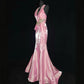 Pink Elegant Fashion Exquisite Beading Long Satin Mermaid Slim Floor Length Train Ball Gown Evening Dress Prom Dress nv3870