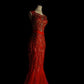 Red luxury gorgeous retro fashion elegant exquisite gemstone beaded long tulle floor-length tail prom dress evening dress hand-made custom heavy industry dress nv3941