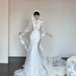 White gorgeous elegant exquisite lace long tulle mermaid fishtail floor-length tail ball gown evening dress wedding dress nv4054